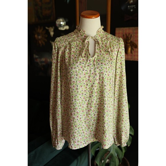 Cupcakes and Cashmere Pink Floral Print Ruffle Tie-Neck Long Sleeve Top, Size L - Picture 1 of 15